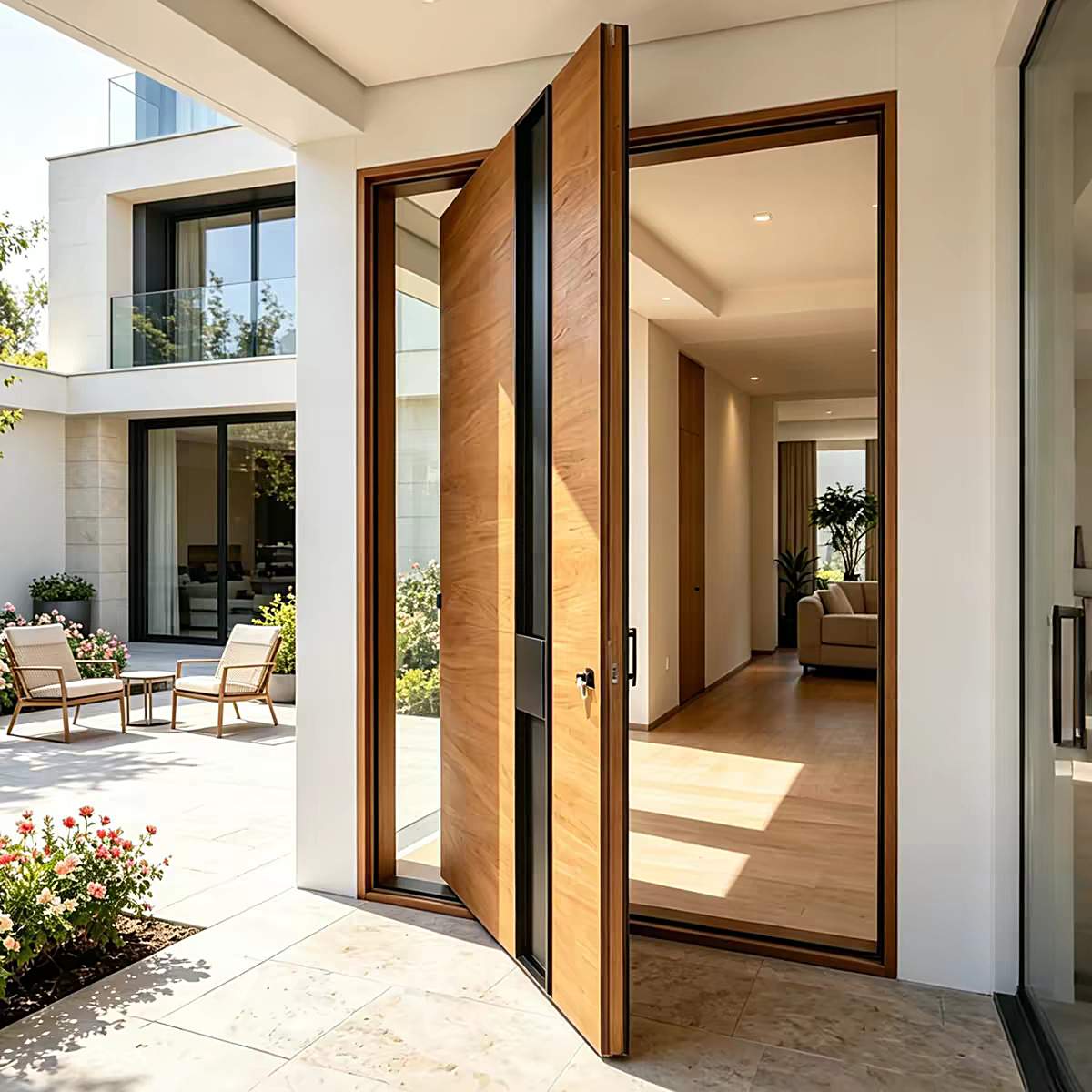 Pair of glazed entrance doors opening towards a living space