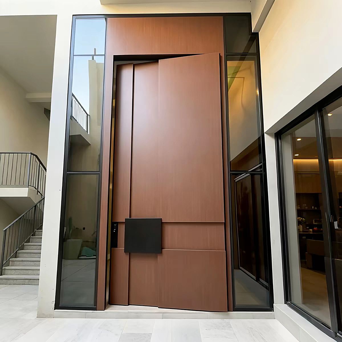 Tall wood-toned entrance door between two glazed panels