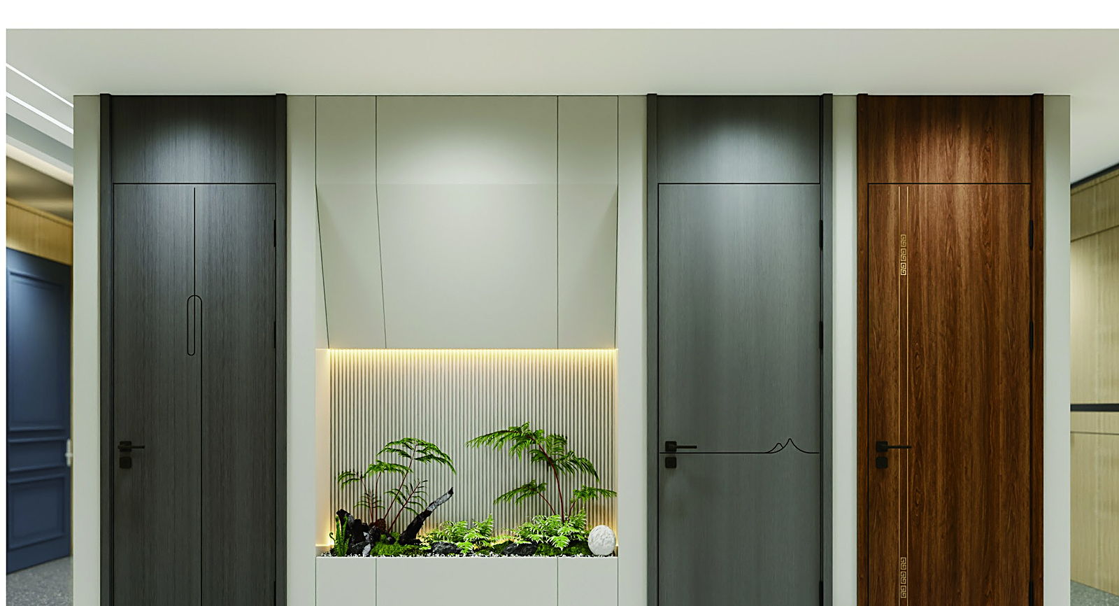 Three flush doors in charcoal, grey and walnut framing a lit wall niche in an entrance lobby