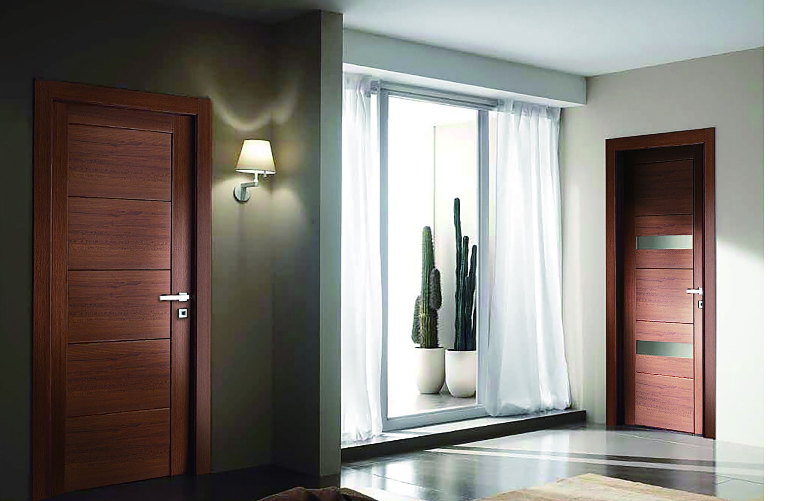 Warm brown timber-effect interior door set into a deep green wall beside a full-height window