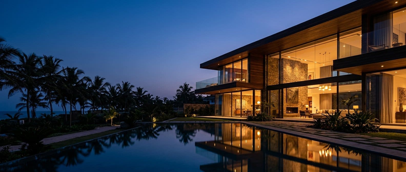Contemporary home at dusk