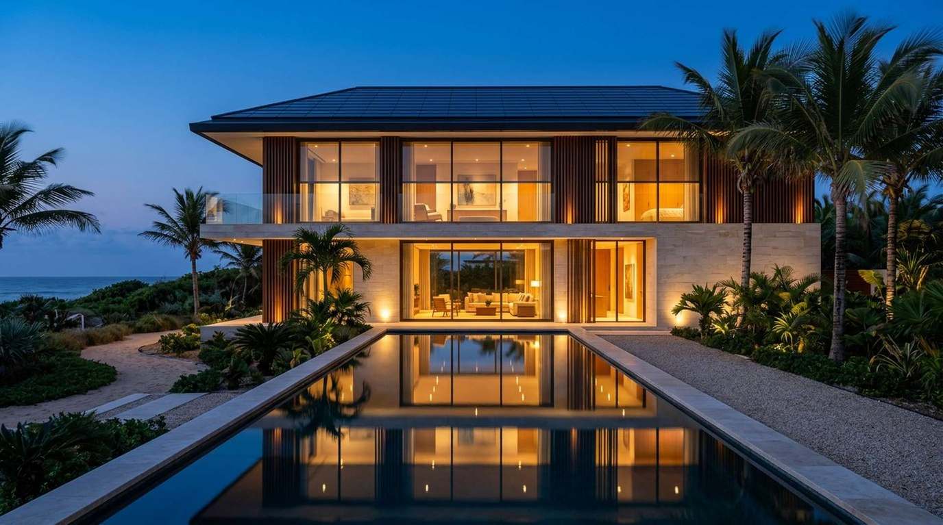 Contemporary tropical residence at dusk with a solar roof and lit interiors