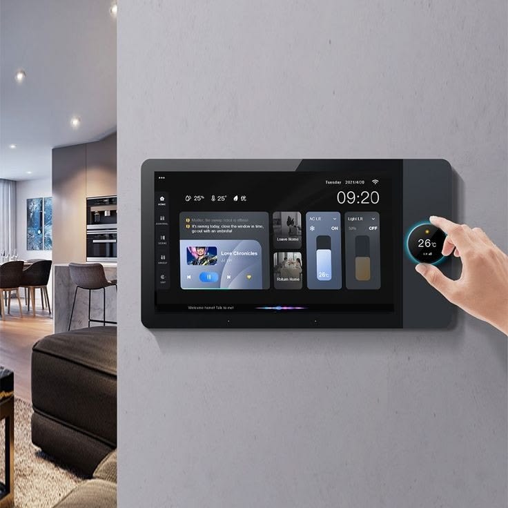 A wall-mounted touch panel in a finished living room