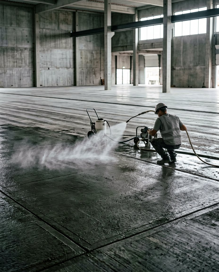 A freshly poured concrete slab being spray-cured to hold moisture in during hydration