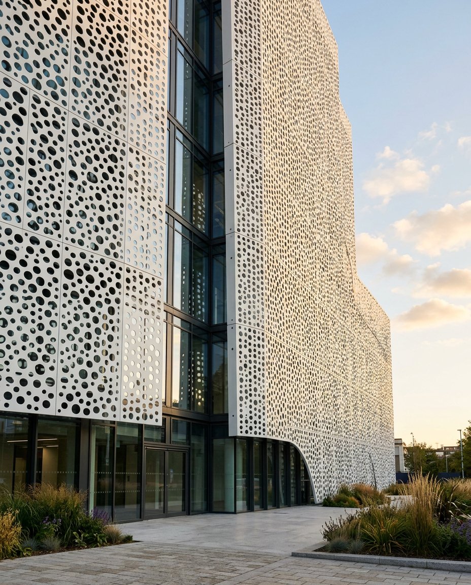 A perforated aluminium facade screen on a building elevation