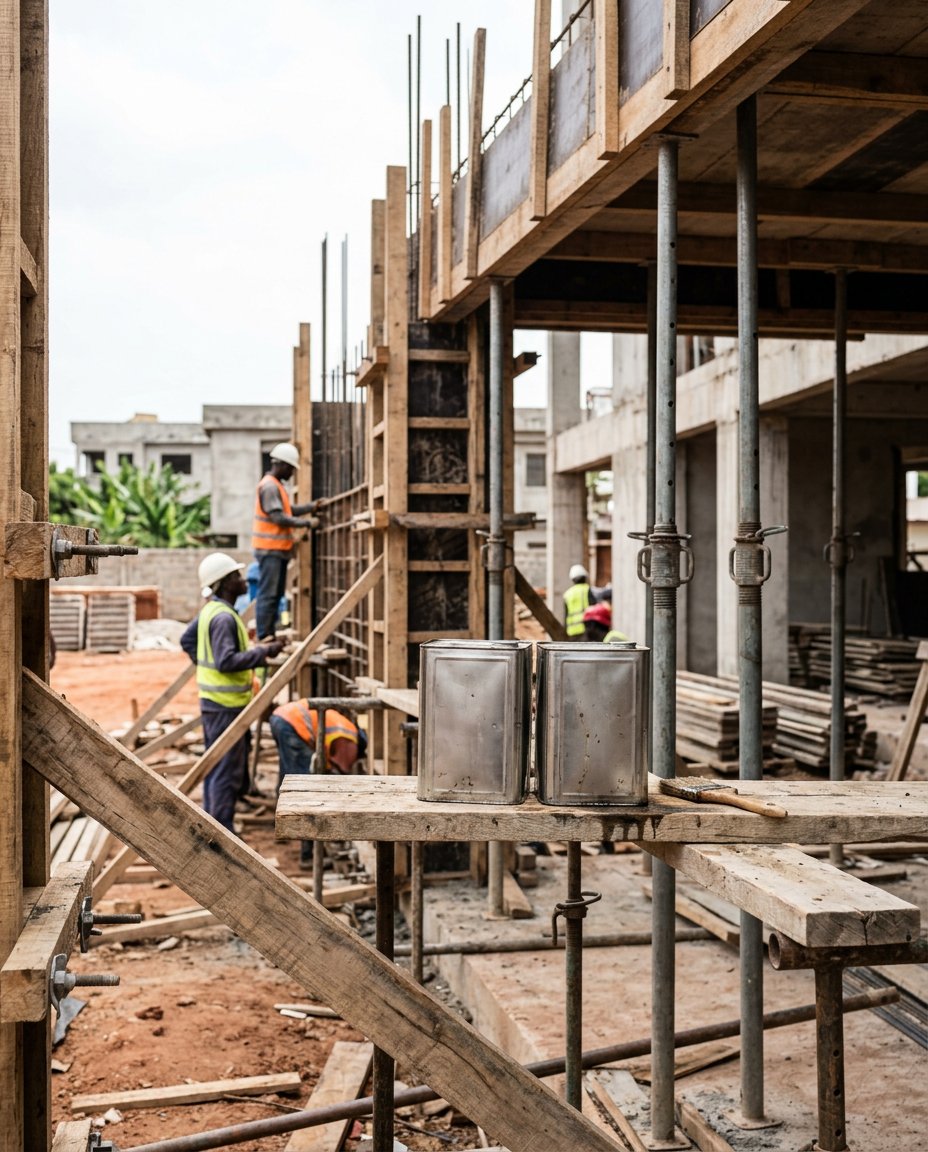 Timber formwork on a Ghanaian building site with unmarked cans of form-release agent