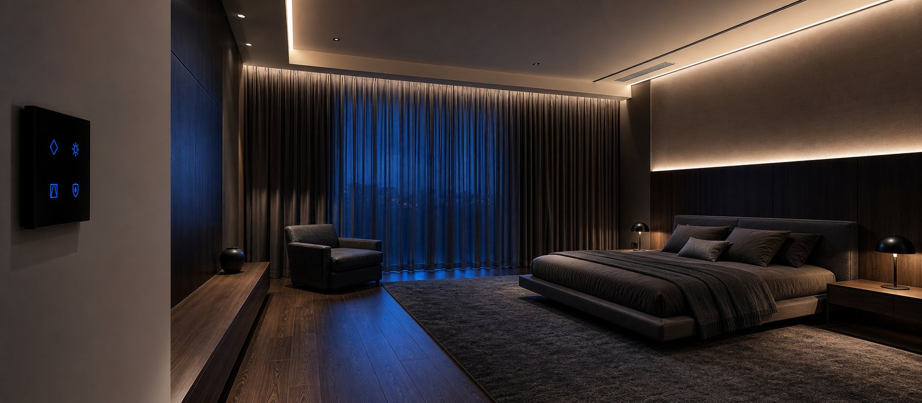 Contemporary bedroom with integrated lighting, curtains and an abstract smart control panel