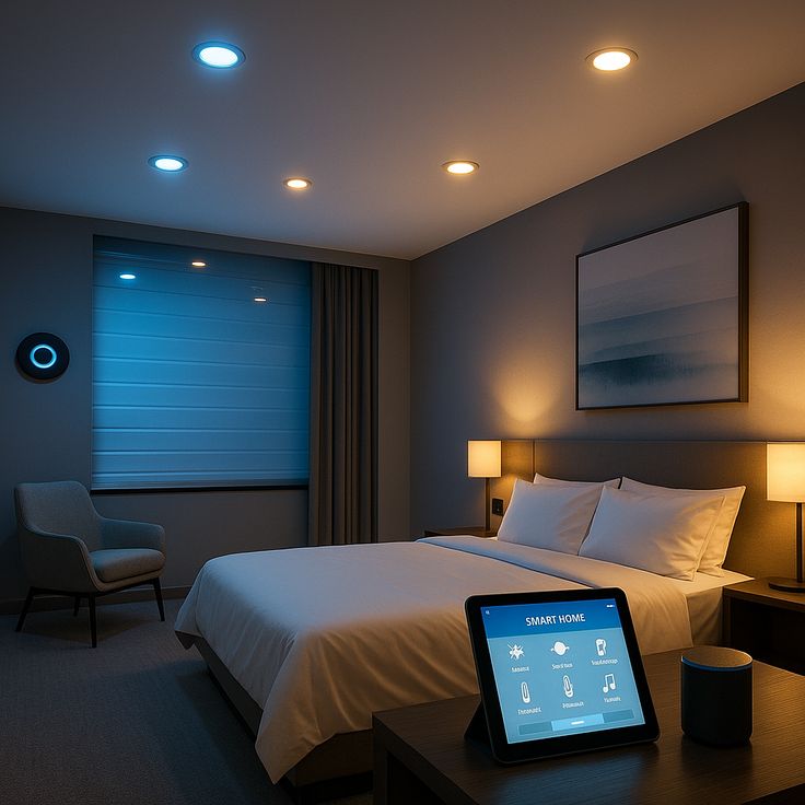 Hotel-style bedroom with coordinated lighting, blinds and a smart control tablet