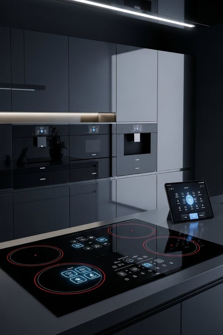 Modern dark kitchen with integrated appliance and cooktop controls