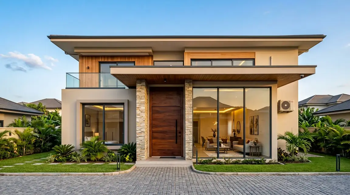 Modern luxury home exterior with living-room windows, front door, security camera and air conditioner — interactive demonstration