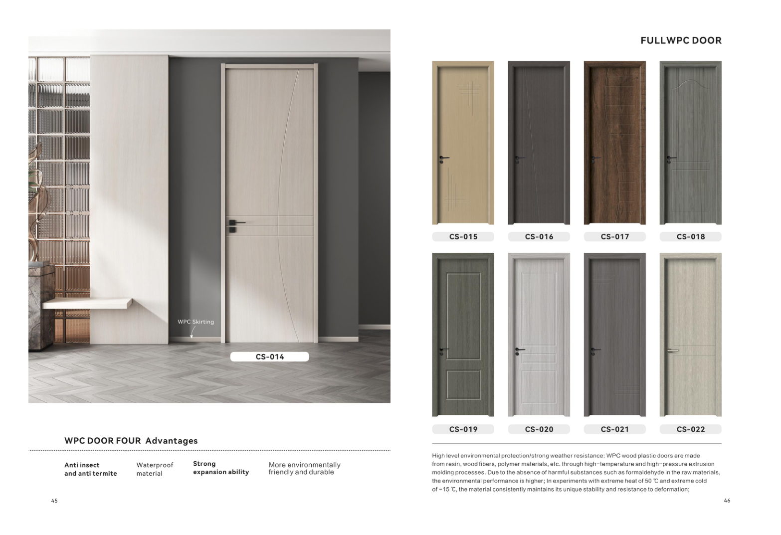 Manufacturer catalogue spread showing a full-WPC interior door and seven finish examples