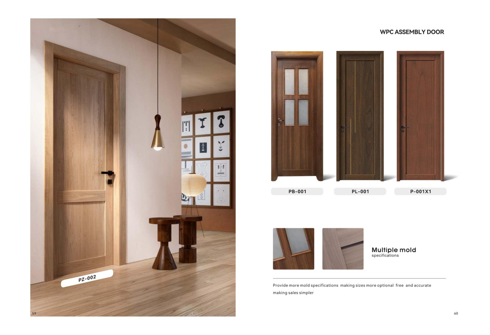 Manufacturer catalogue spread showing an installed assembly door and three model examples