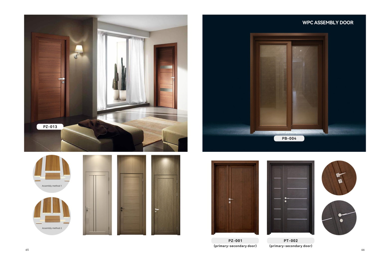 Manufacturer catalogue spread showing WPC assembly-door models and finish details