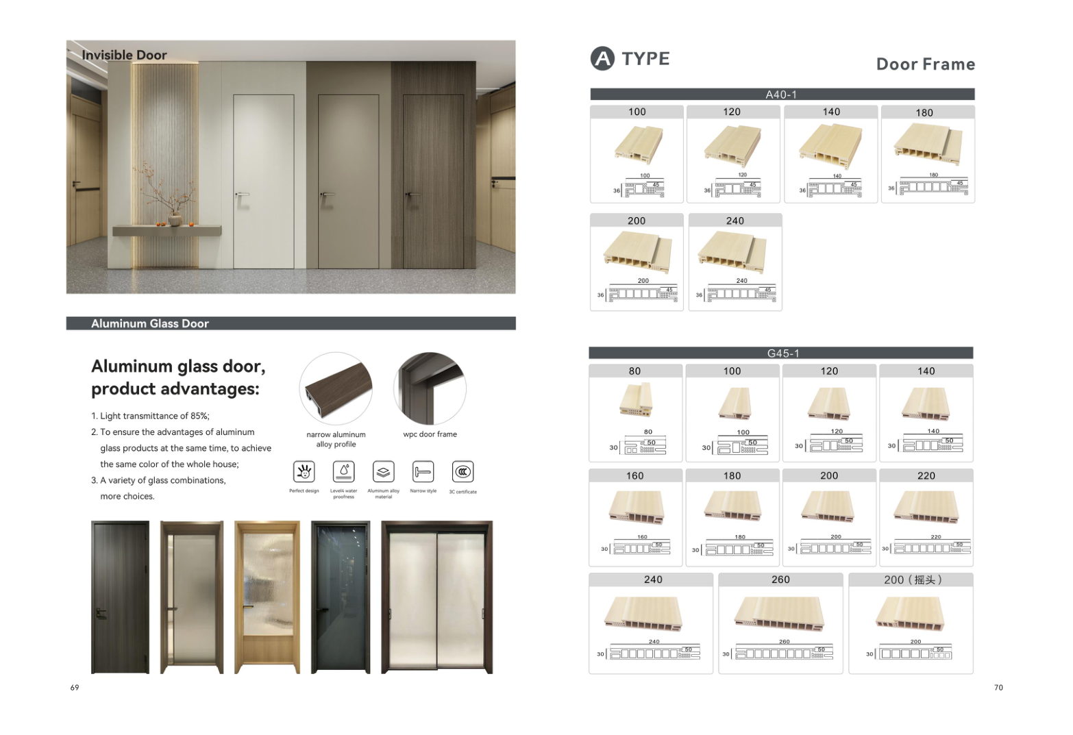 Manufacturer catalogue spread showing concealed doors, aluminium-glass door examples and WPC frame profiles