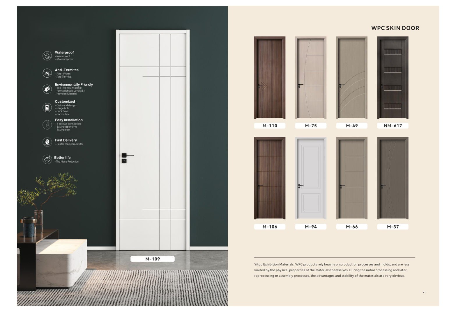 Manufacturer catalogue spread showing a white WPC skin door and eight model examples